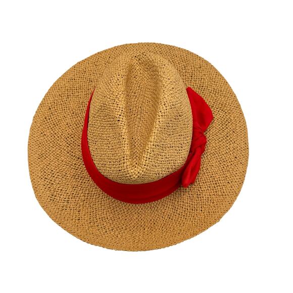 LOFT S/M Fedora Straw Hat 3" Brim Red Ribbon Bow - Picture 5 of 8